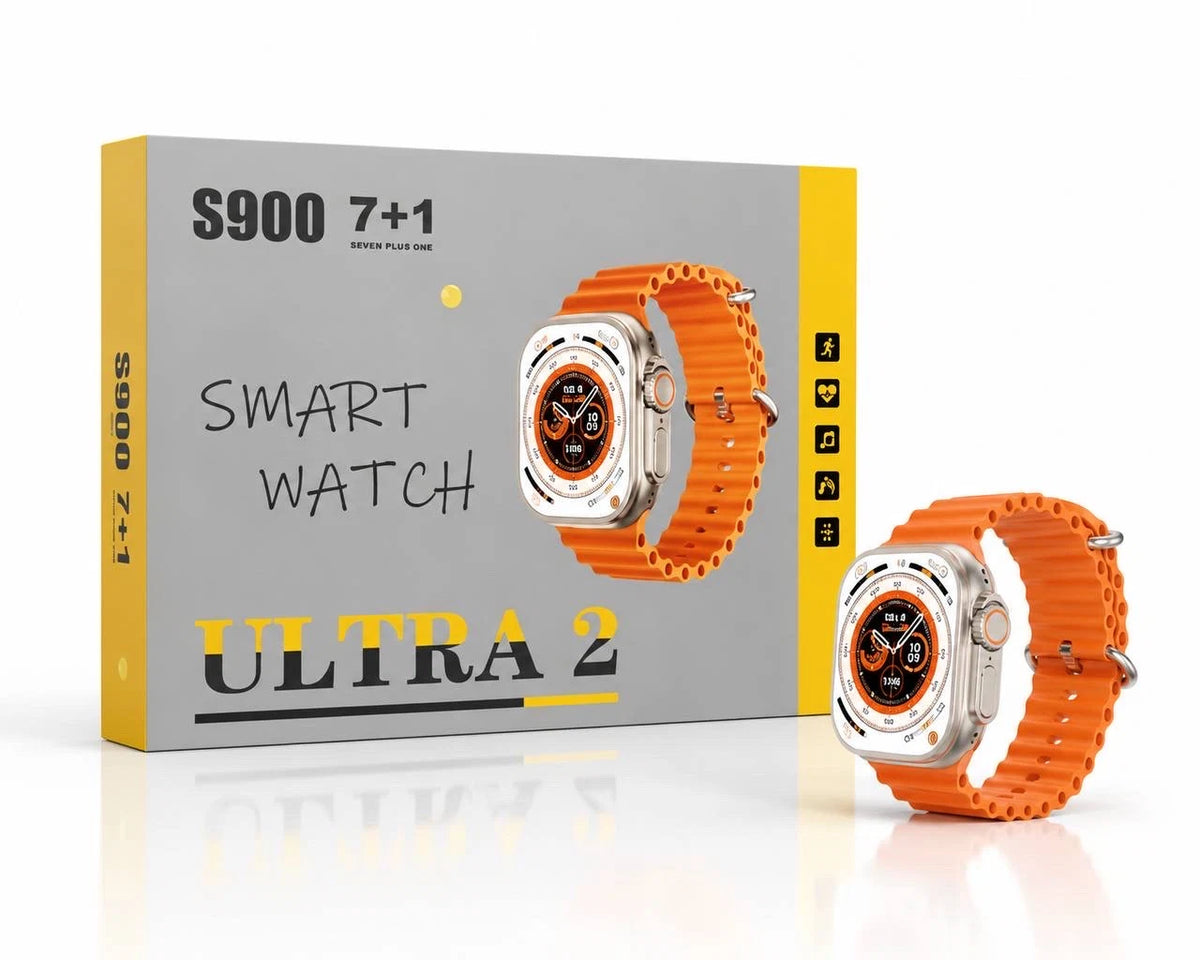s900 7+1 smart watch ultra 2ساعة ذكية ultra 2.شاشة كبيرة ولمس سريع.تأتي مع 7 أساور متنوعة.تدعم الإشعارات ومراقبة النشاط.