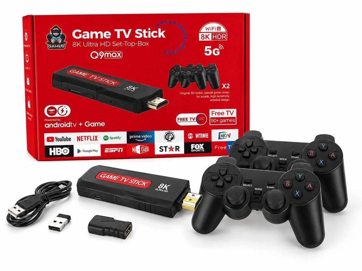 game tv stick q9 maxجهاز game tv stick يعمل بنظام android tv، يدعم دقة 8k hdr وwi-fi 5g، مع ذراعي تحكم لاسلكيين وألعاب مدمجة