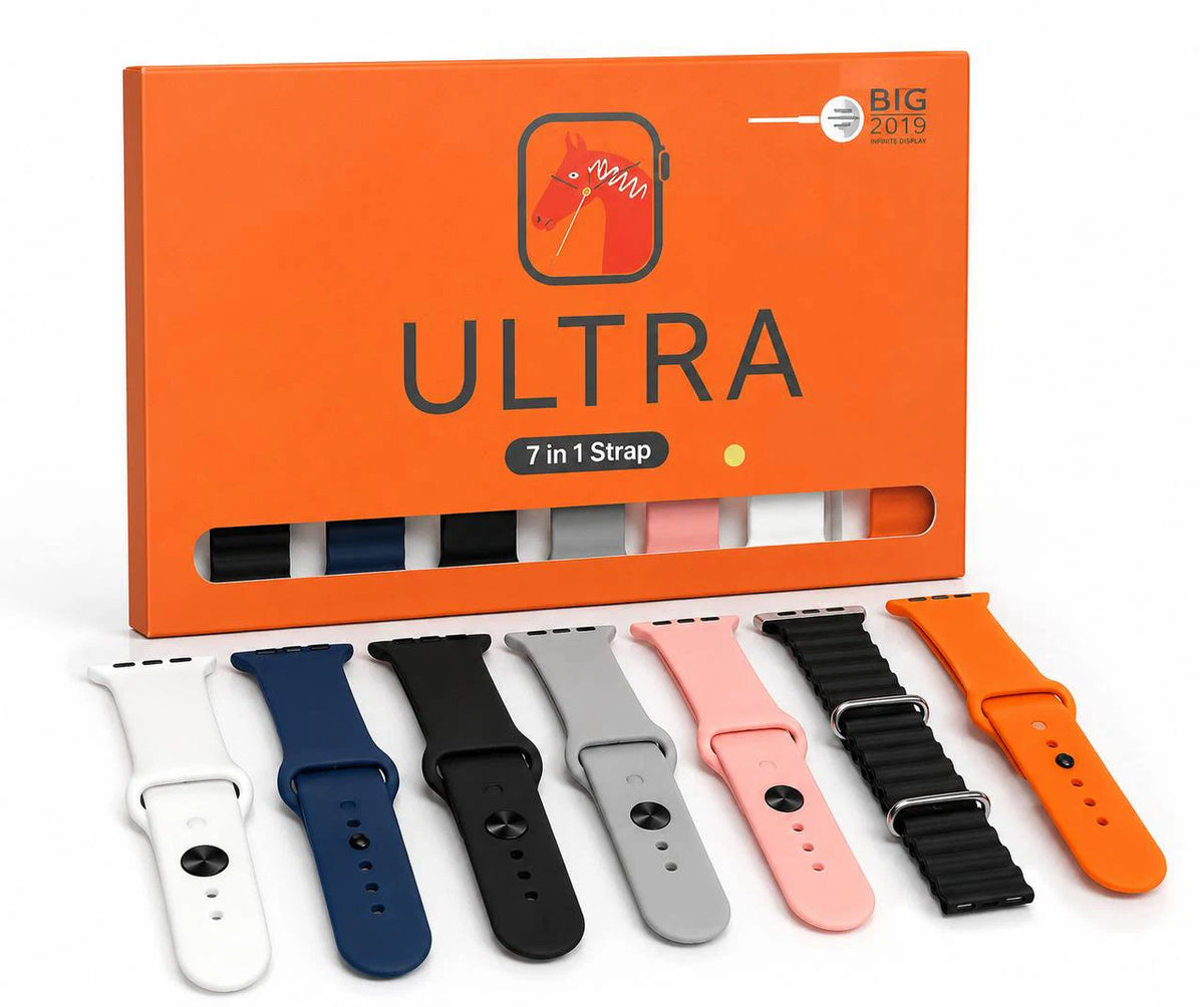 ultra 7 in 1 strapساعة ذكية ultra مع 7 أساور داخل العلبة.تصميم عصري.إمكانية تغيير الأساور بسهولة.مناسبة لجميع الإطلالات.